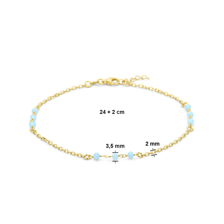 enkelbandje blauw kristal bolletjes 24 + 2 cm 3 micron zilver verguld (geel)