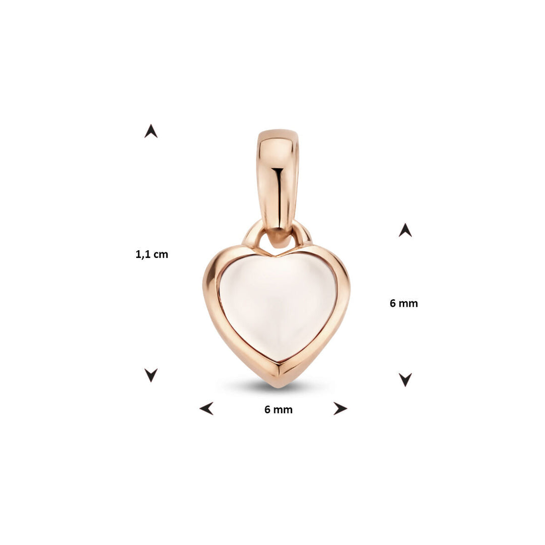 De Van der Kooij Collectie hanger hart maansteen 14K roségoud heeft een hartvormige hanger van 1,1 cm x 6 mm x 6 mm met een glad wit middenstuk en een roségouden frame, plus een oogje om de hanger eenvoudig aan een ketting te bevestigen.