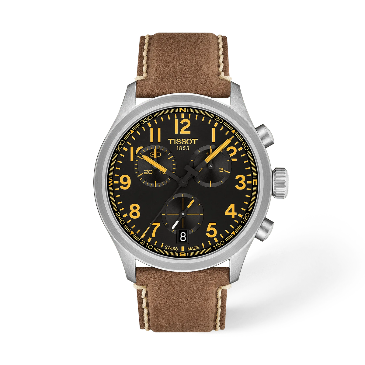 Zegarek Tissot Chrono z czarną tarczą, srebrną kopertą i brązowym paskiem skórnym.