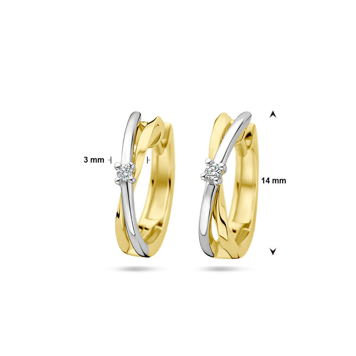 klapoorringen diamant 0.03ct (2x 0.015ct) h si 14K bicolor goud geel/wit