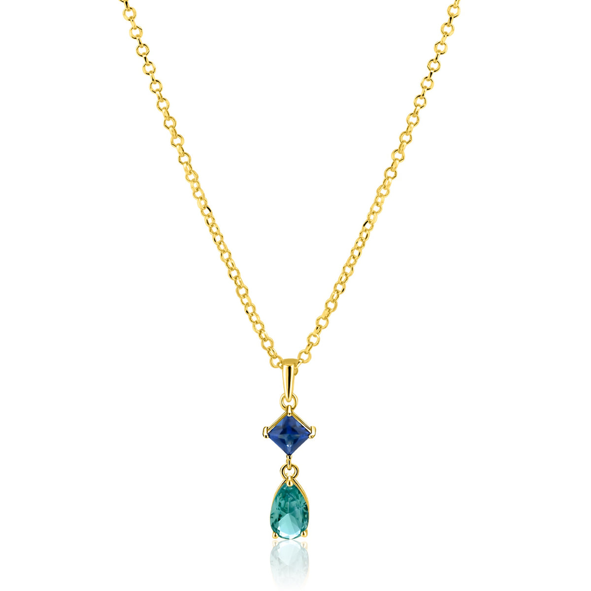 De Zinzi ketting ZIC2745 van Zinzi heeft een vergulde ketting met een vierkante turquoise steen boven een traanvormige groene edelsteen, allemaal gezet in goud.