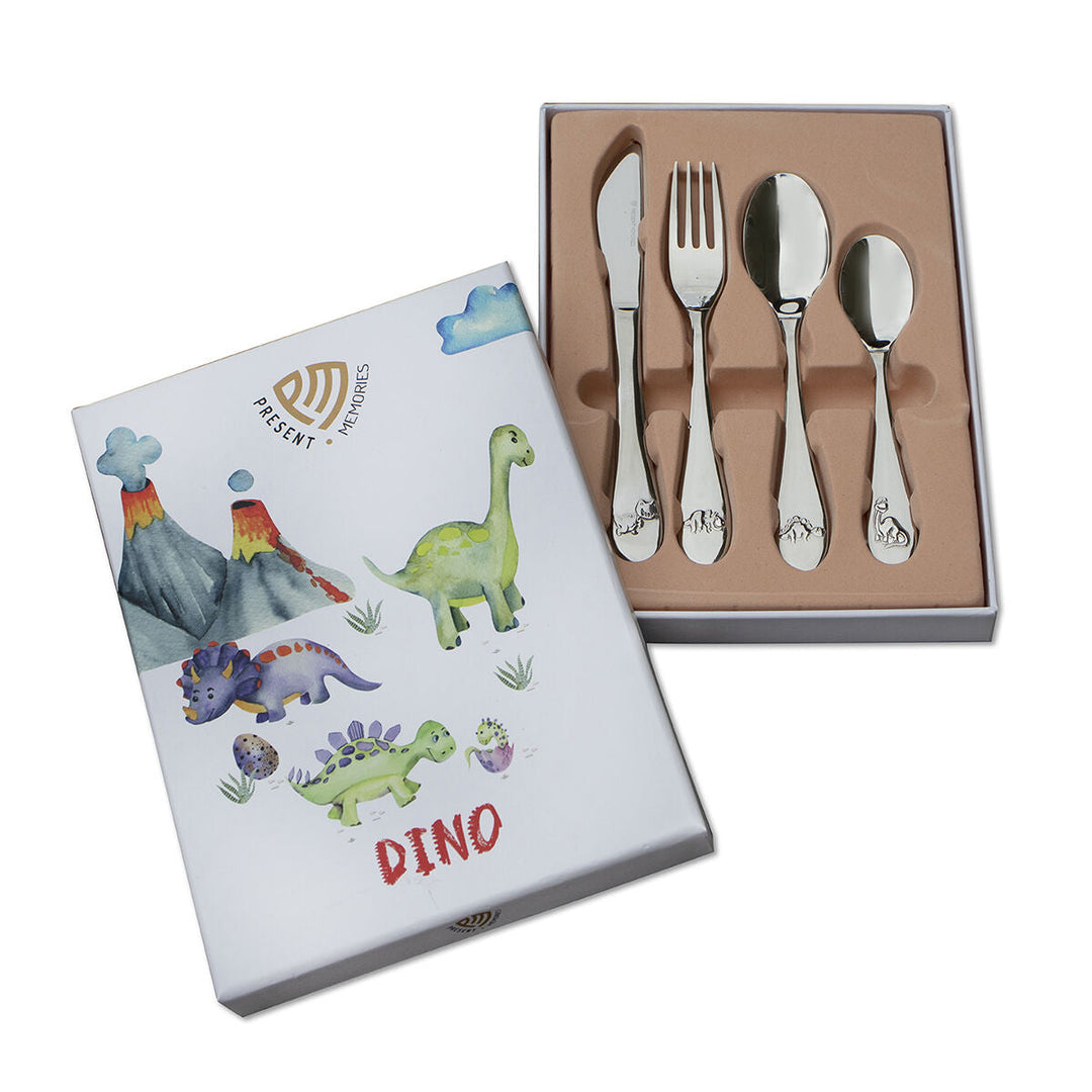 De Van der Kooij Collectie kinderbestek dino edelstaal set bestaat uit roestvrijstalen bestek met dinosaurussen op de handgrepen, verpakt in een doosje met DINO-opschrift en speelse dino-illustraties op het deksel.