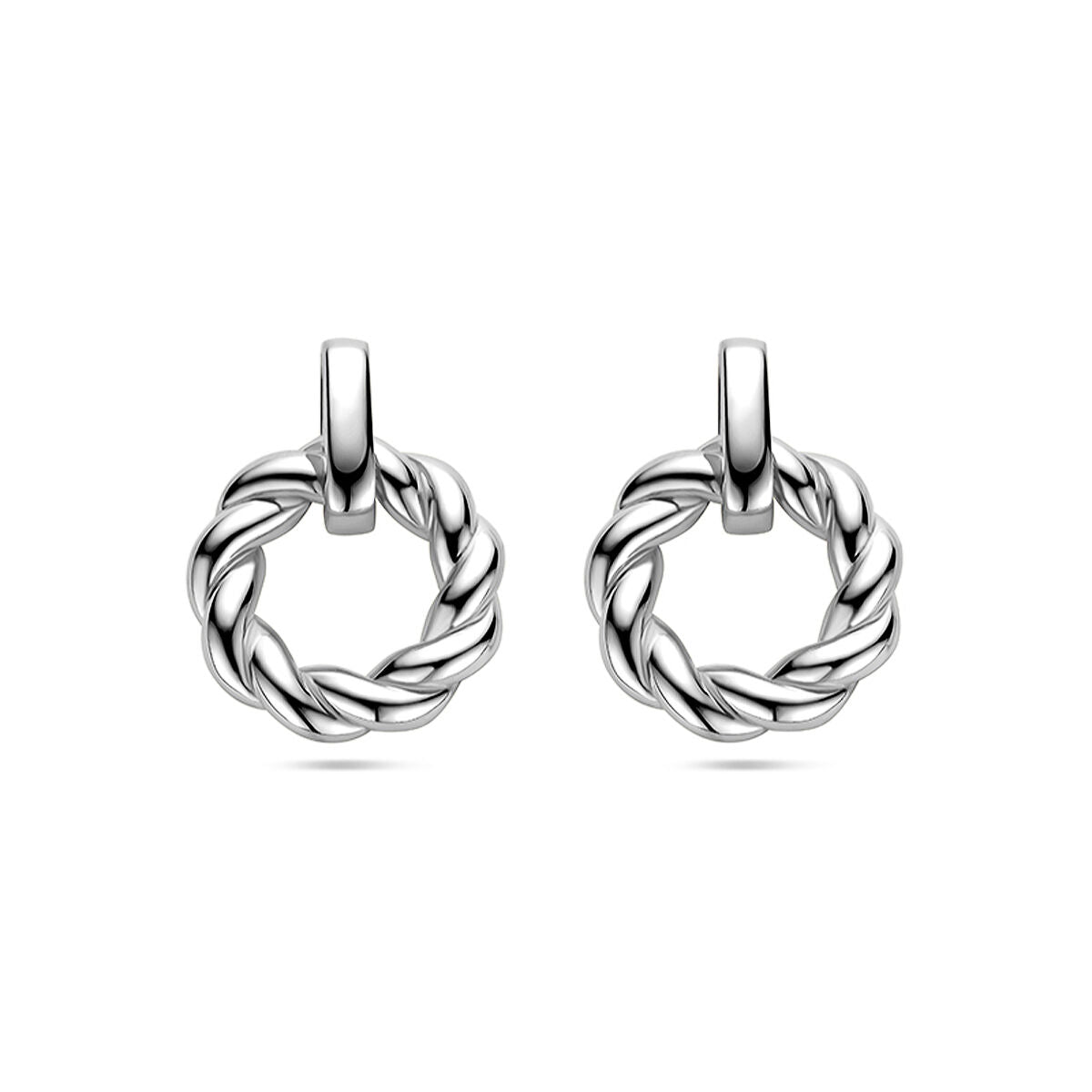 Oorhangers in gedraaide cirkelvorm van gerhodineerd zilver met een glanzende afwerking.