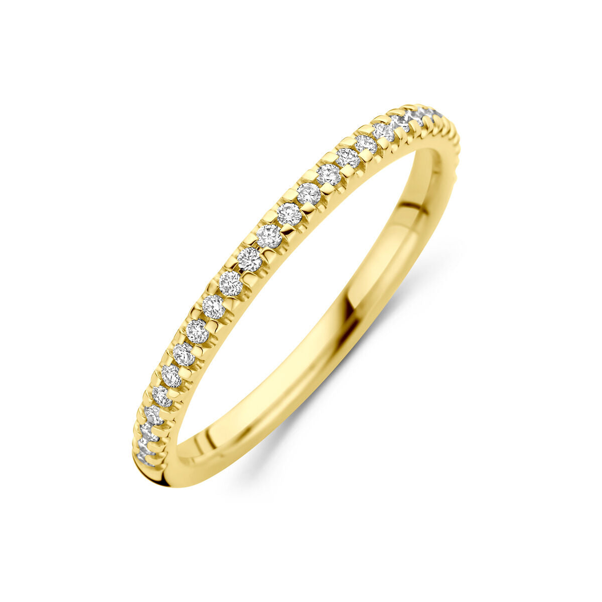 Pierścionek z lab-grown diamentami 0,15 ct, wykonany z 14K żółtego złota, o delikatnym wzorze z błyszczącymi kamieniami.