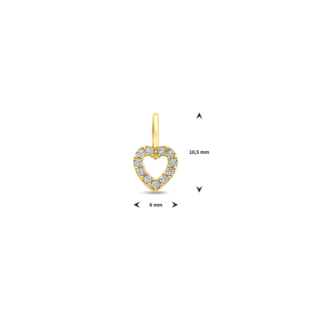 De hanger hartje zirkonia 10,5 mm van 14K geelgoud uit de Van der Kooij Collectie heeft een elegant hartvormig ontwerp met zirkonia's, is 10,5 mm hoog en 6 mm breed, en wordt gebruikelijk op een witte achtergrond met maatpijlen.