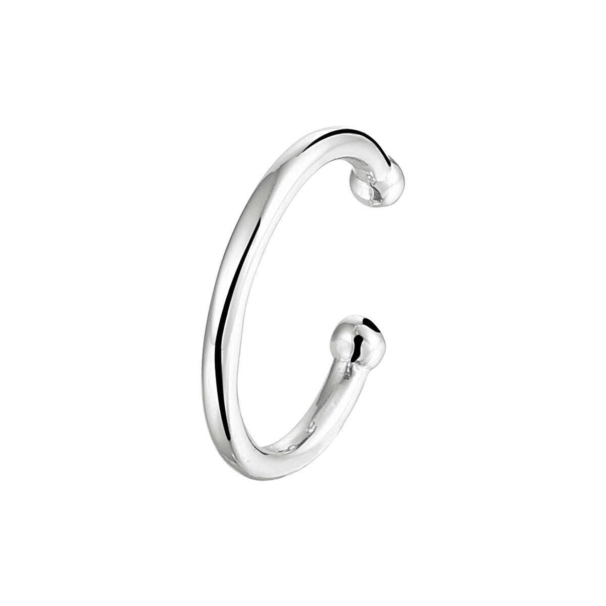 srebrny earcuff z rodowaniem, o gładkiej powierzchni i minimalistycznym kształcie.