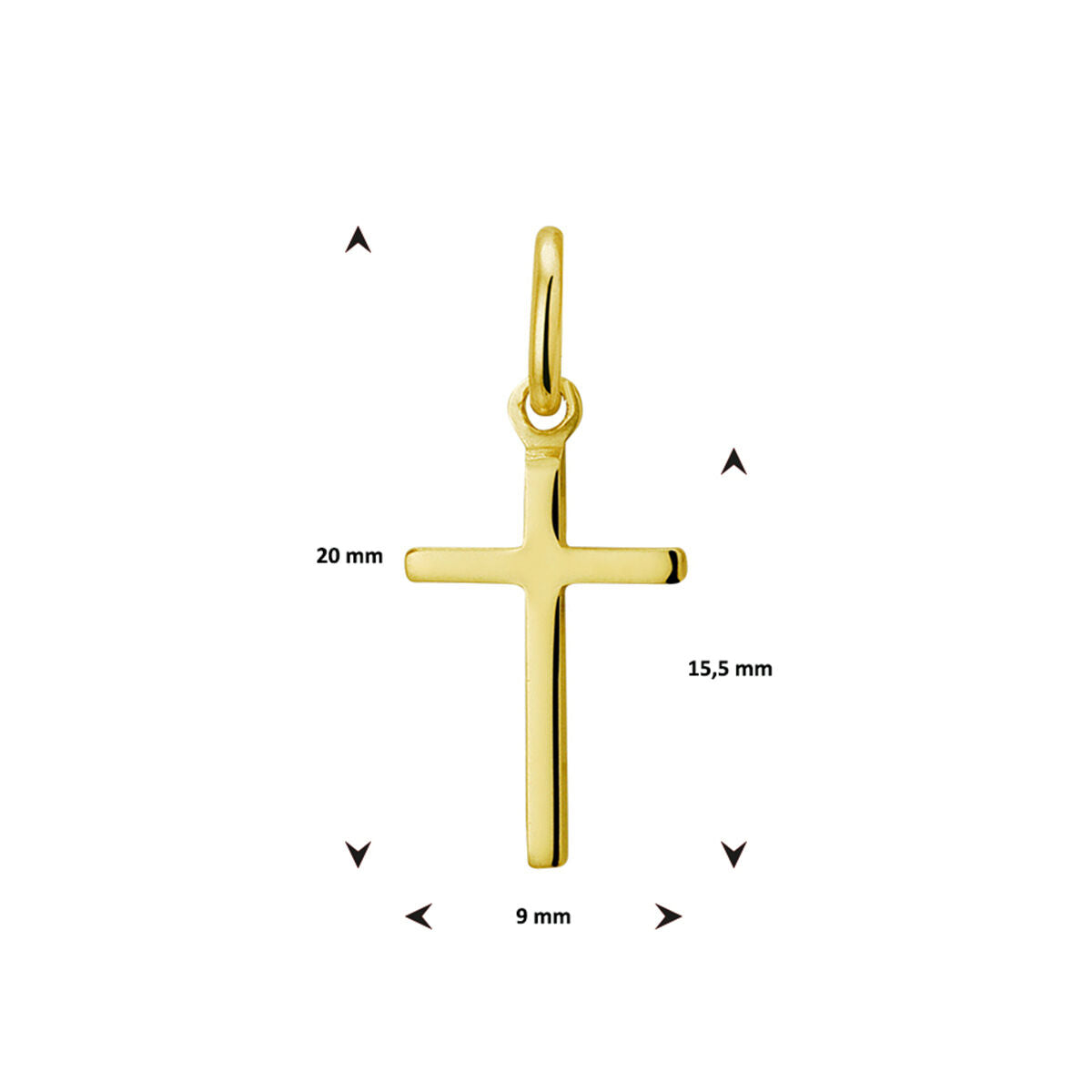 De Van der Kooij Collectie "hanger kruis 3 micron zilver verguld (geel)" is een unisex gouden kruishanger met een oogje aan de bovenkant, afgebeeld op een witte achtergrond. Afmetingen: 20 mm hoog, 15,5 mm van oogje tot basis en 9 mm breed bij de dwarsbalk.