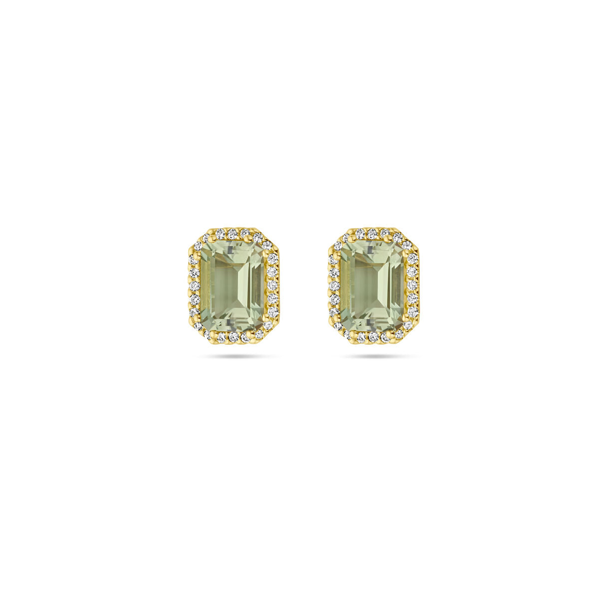 Kolczyki z zielonym ametystem i diamentami 0,14 ct (2x 0,07 ct) w halo z 14K żółtego złota.