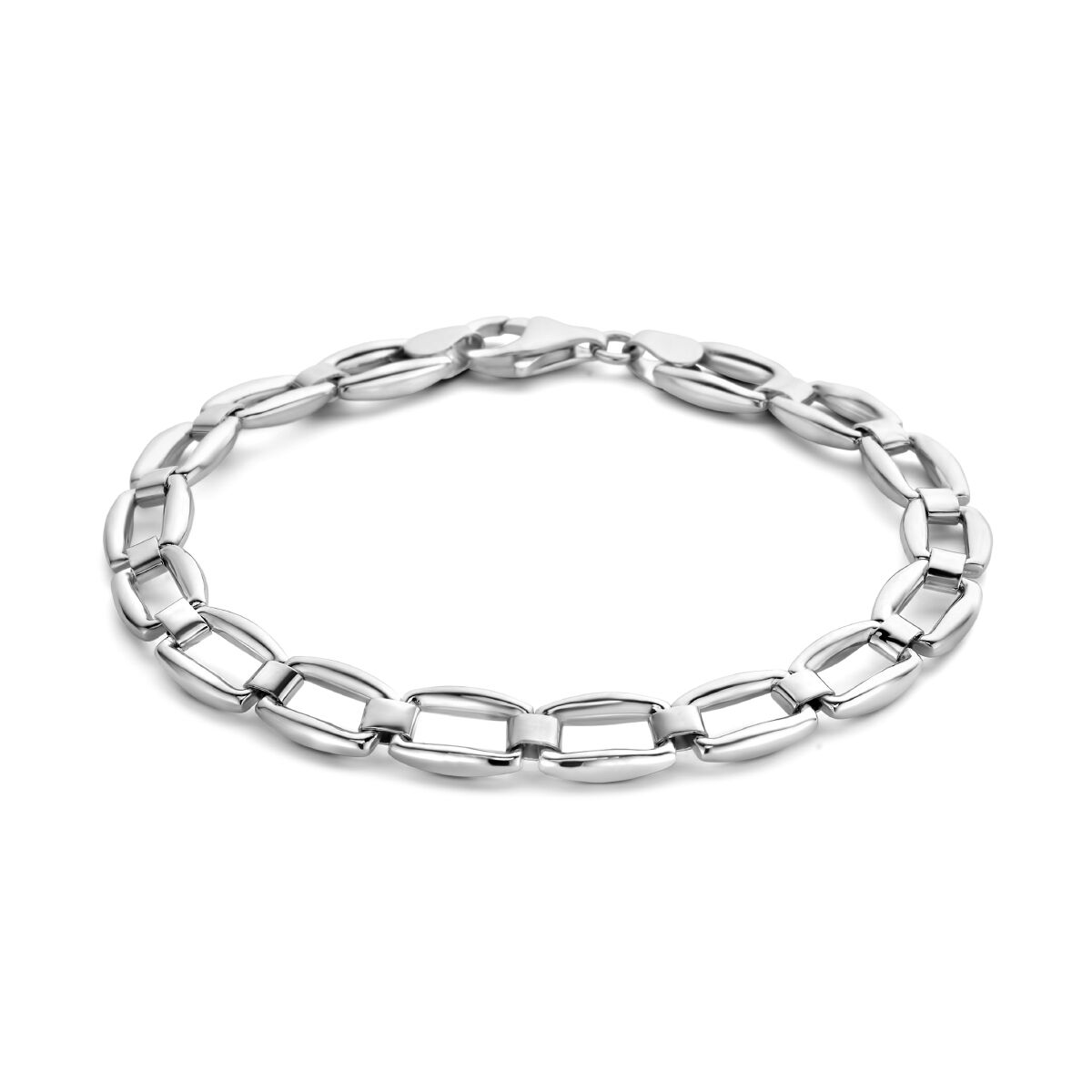 srebrna bransoletka o szerokości 7,0 mm i długości 19 cm, gerhodynowana, z ogniwami w kształcie prostokątów.