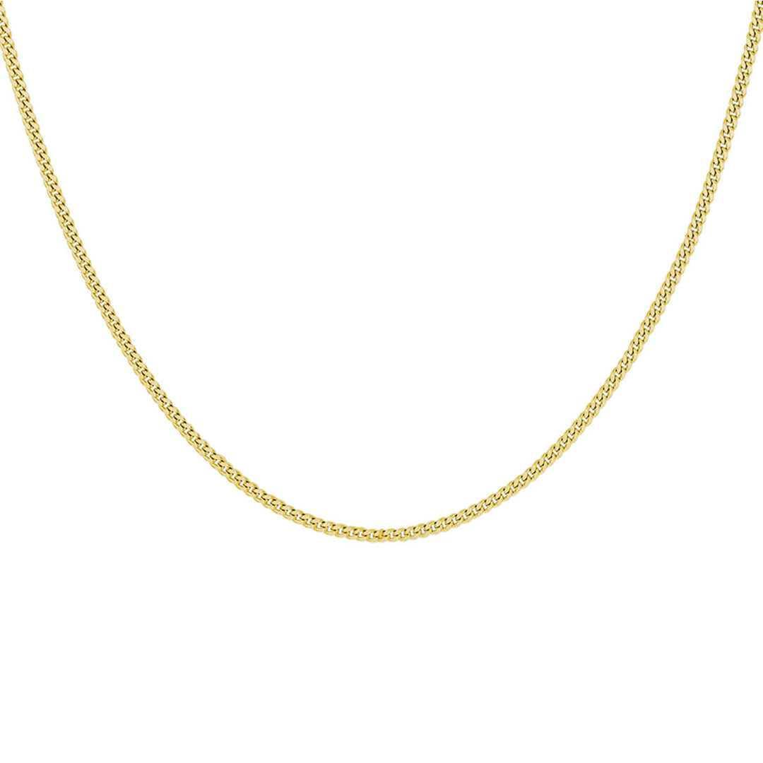 De Juwelier van der Kooij goudkleurige heren ketting gourmette (1,4 mm zilver verguld) is gebogen afgebeeld op een witte achtergrond, met fijne, nauw verbonden gourmetteschakelschakels.