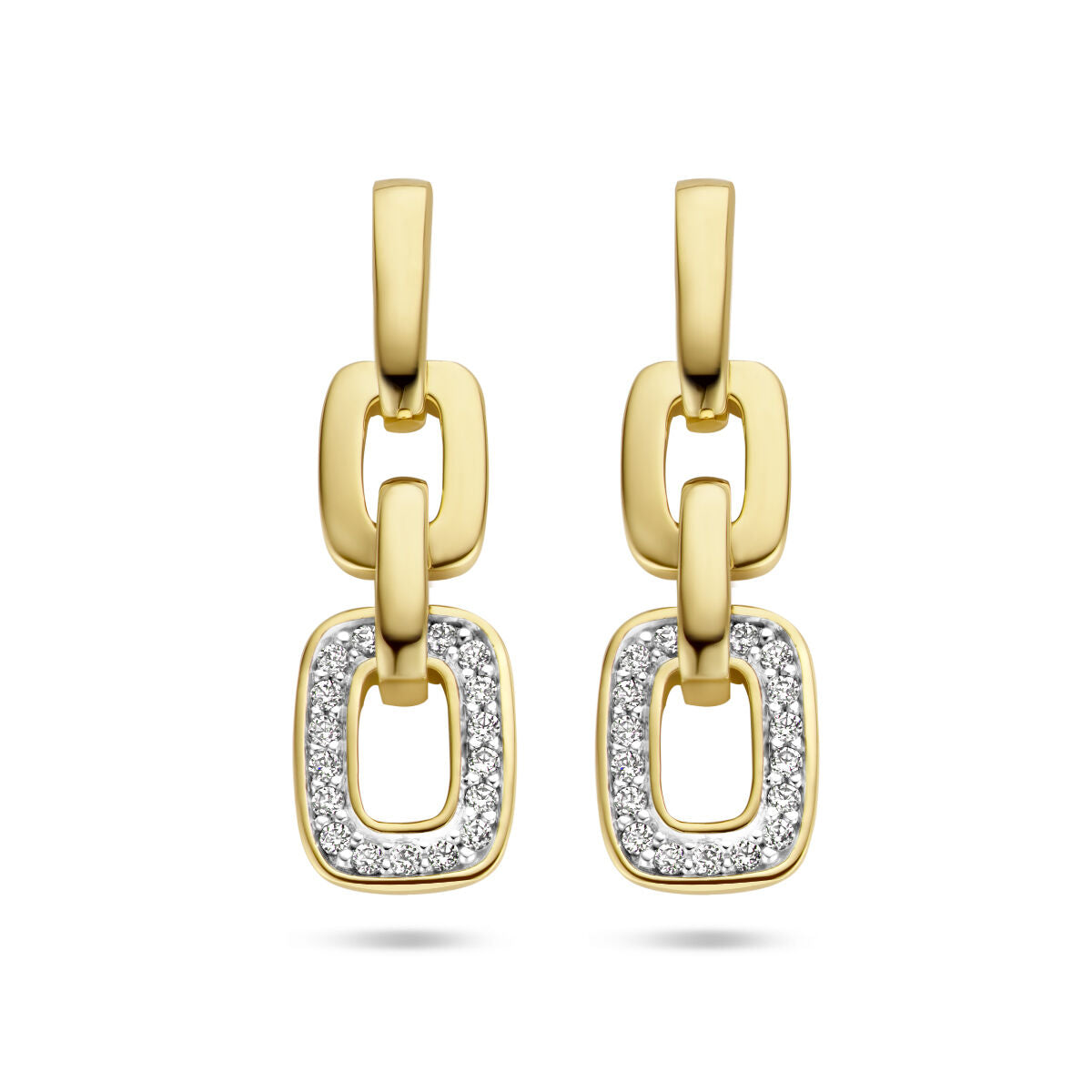 Kolczyki w kształcie ogniw ze złota 14K, ozdobione diamentami 0,13 ct.