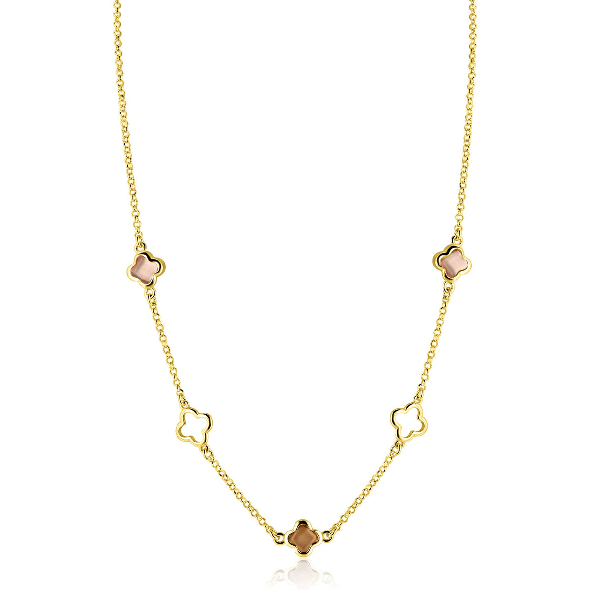 Gouden collier van zilver met vijf bloemvormige schakels en roze en witte stenen, 45 cm lang.