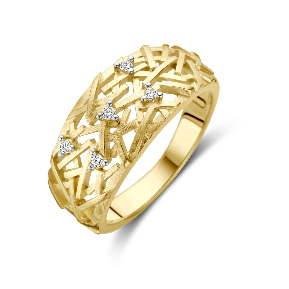 srebrny pierścionek z diamentami 0,06 ct w oprawie z 14K złotego złota