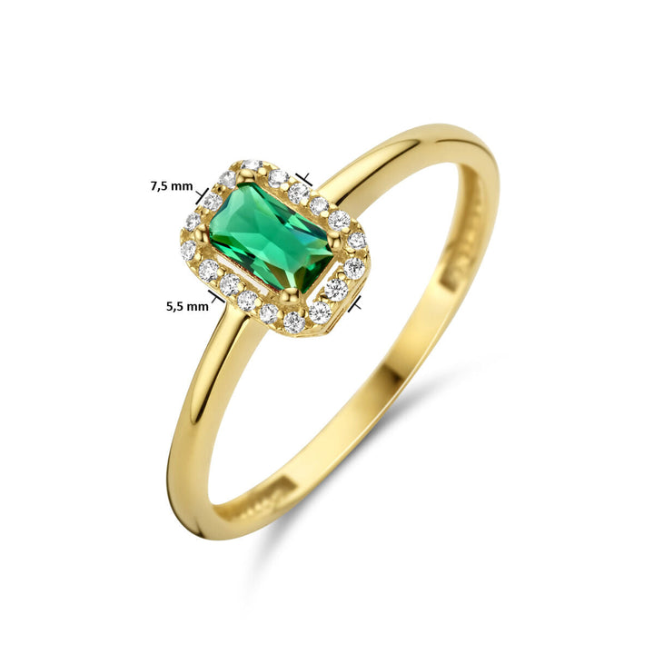 De ring groen en wit zirkonia halo 14K geelgoud van Van der Kooij Collectie heeft een rechthoekige groene zirkonia (7,5 x 5,5 mm) met een halo van witte stenen. Afmetingen staan duidelijk op de foto.