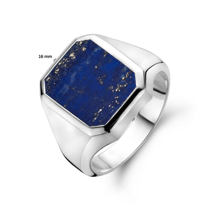 Een Van der Kooij Collectie zegelring massief lapis 13 x 11mm van zilver wit, met een zeshoekige lapissteen met goudspikkels, getoond op een witte achtergrond.