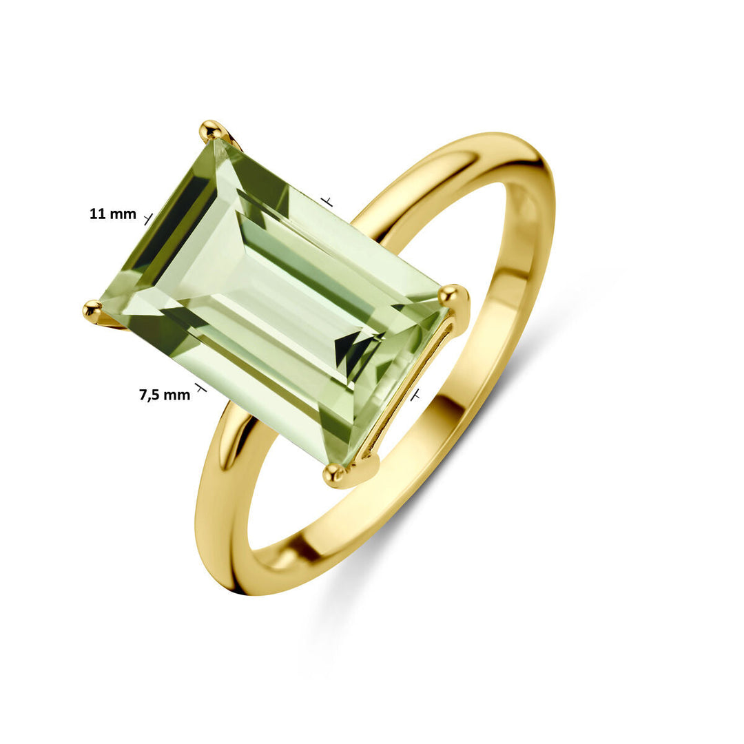 Van der Kooij Collectie ring groen amethist 14K geelgoud met rechthoekige lichtgroene groene amethist (11x7,5 mm) in vier griffen, getoond op een witte achtergrond.