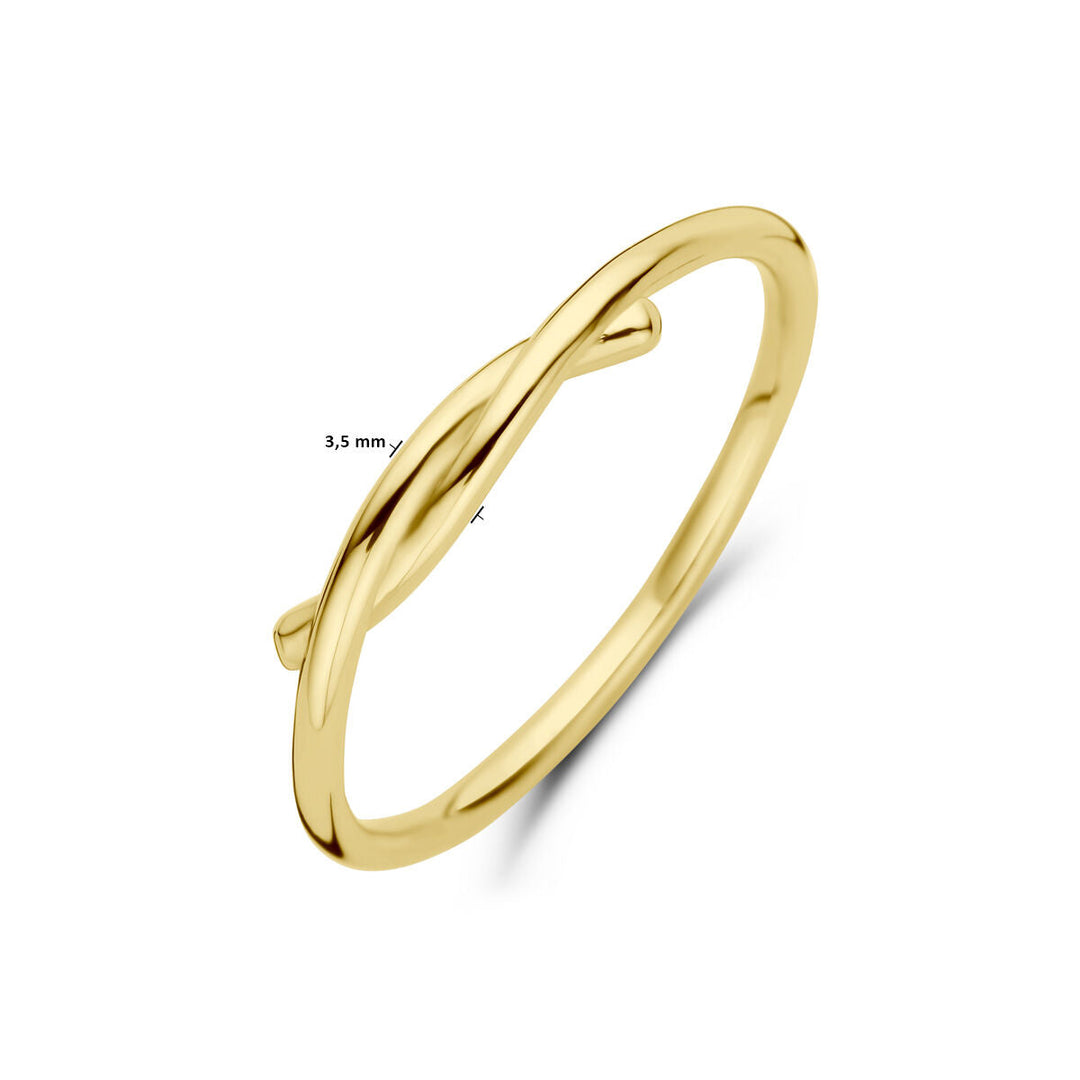 De ring 14K geelgoud van de Van der Kooij Collectie is een dun, glanzend sieraad met een verfijnd knoopdetail op een witte achtergrond en straalt tijdloze elegantie uit.