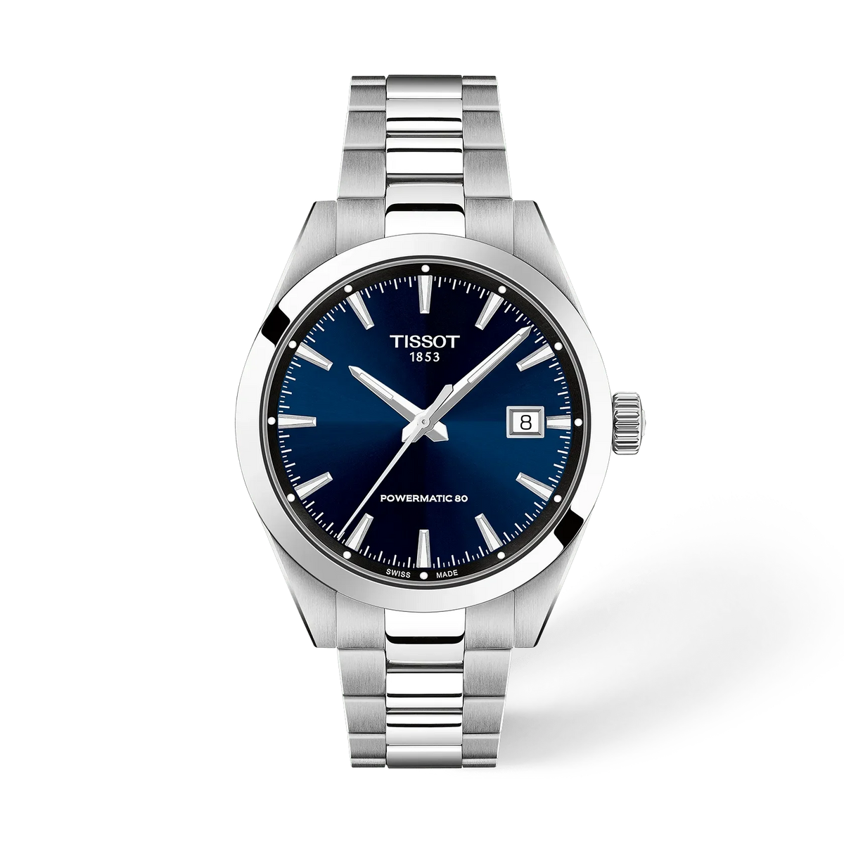 Zegarek Tissot z niebieską tarczą, stalowa koperta i bransoleta, średnica 38 mm.
