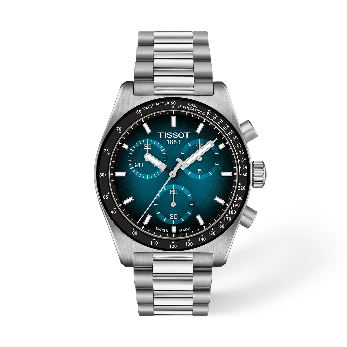Zegarek Tissot PR516 o średnicy 40 mm, stalowa koperta, niebieska tarcza, metalowa bransoleta.