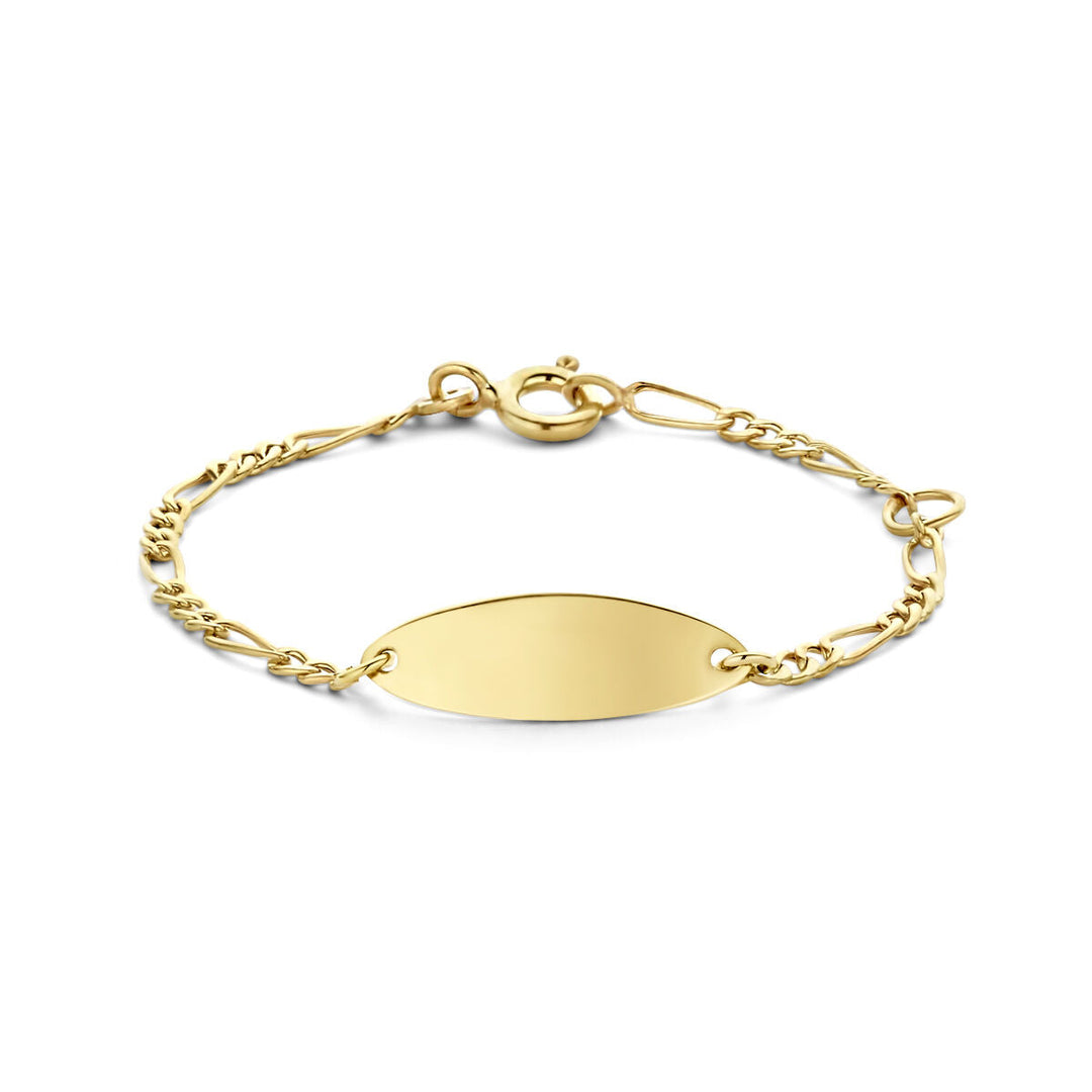 De Van der Kooij Collectie Baby armband plaat 6,0 mm 9K heeft een plat ovaal plaatje, Figaro ketting en karabijnsluiting-een tijdloze unisex kinderarmband perfect als graveerarmband.