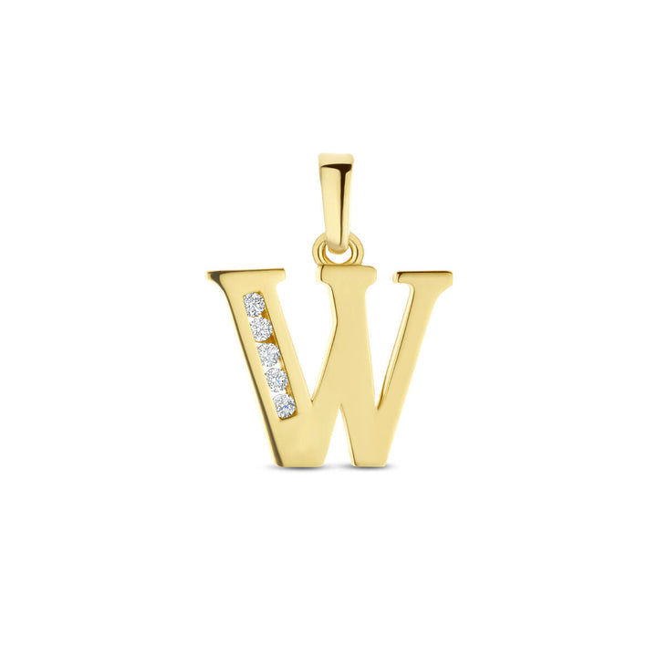 De Van der Kooij Collectie hanger letter zirkonia 14K geelgoud is een geelgouden W-vormige hanger met vier verticaal gezette zirkonia's aan de linkerkant en een eenvoudige gouden lus voor bevestiging aan een ketting.