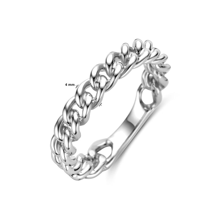 De Van der Kooij Collectie ring schakel zilver gehodineerd is 4 mm breed, heeft een tijdloos schakelmotief en wordt gebruikelijk op een witte achtergrond.