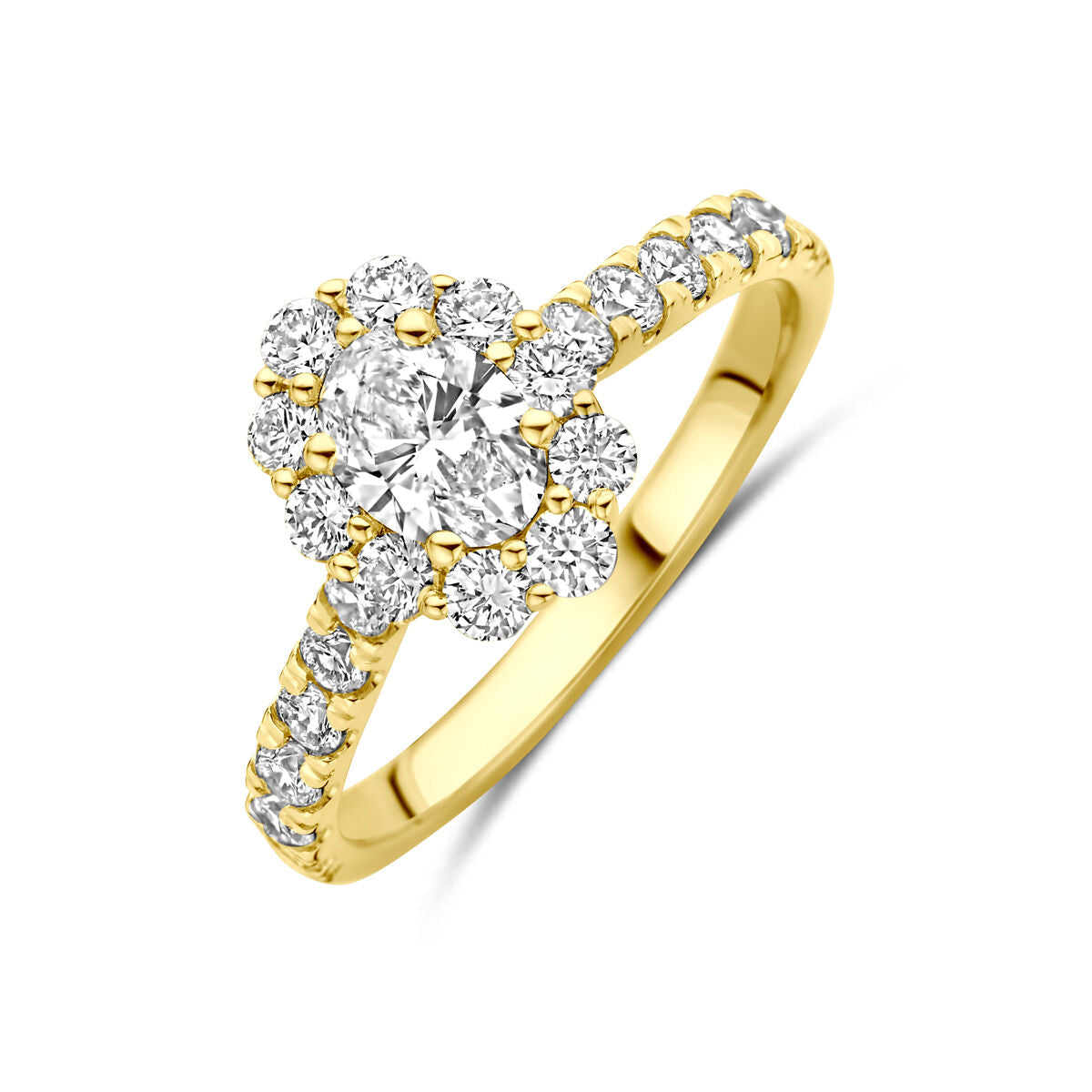 Pierścionek z lab-grown diamentem 1,29 ct w oprawie z żółtego złota 14K, ozdobiony mniejszymi diamentami.