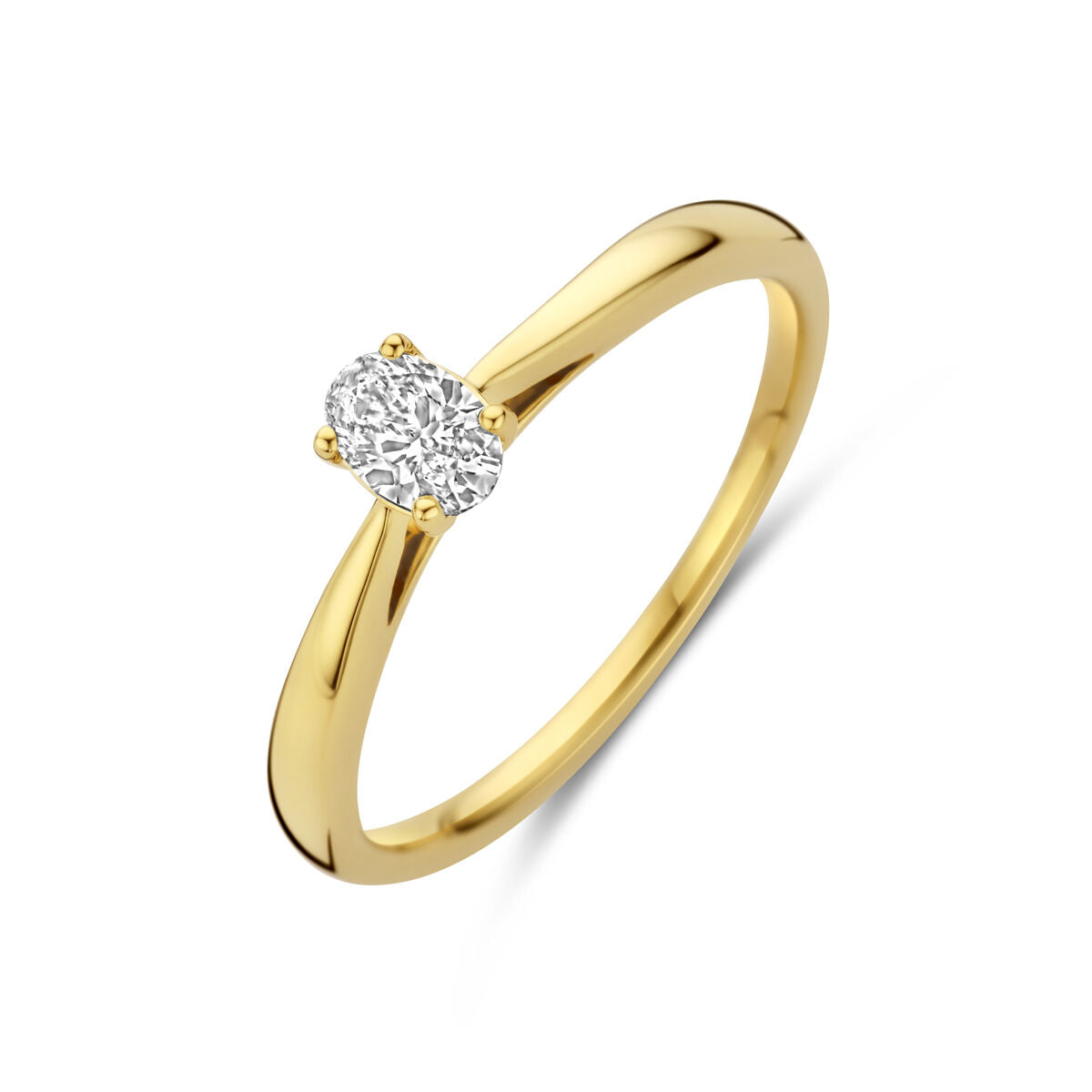 Pierścionek z lab-grown diamentem 0,25 ct, złota obrączka 14K, owalna forma diamentu.