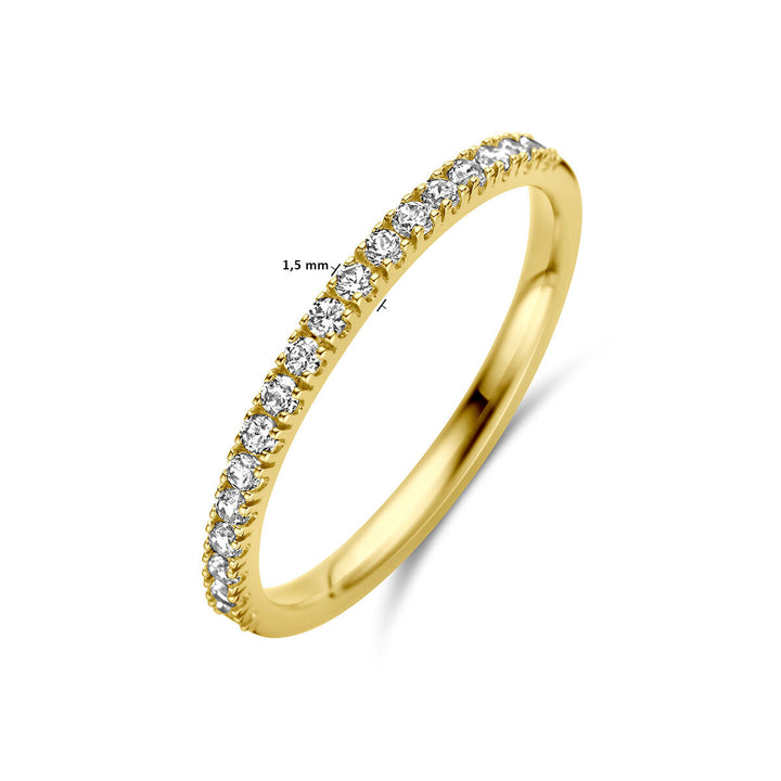 De Van der Kooij Collectie ring met geboortesteen zirkonia april is een 14K geelgouden band, 1,5 mm breed, met een rij kleine ronde witte zirkonia langs de bovenzijde en een gepolijste afwerking.