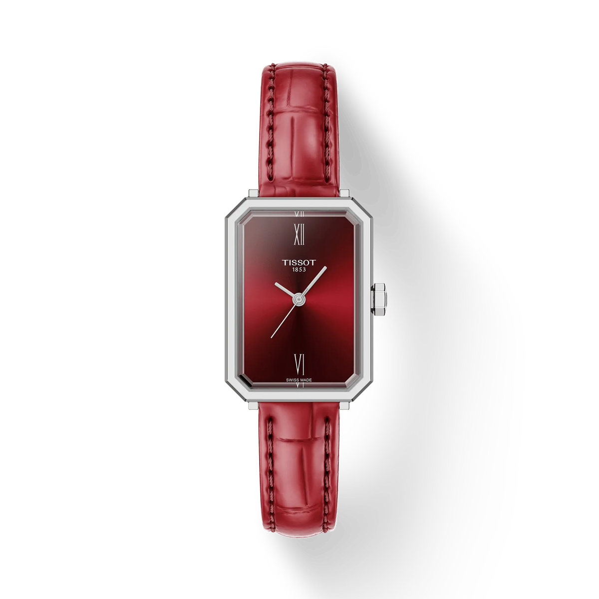 Zegarek damski Tissot SRV 30mm z czerwoną tarczą i skórzanym paskiem.
