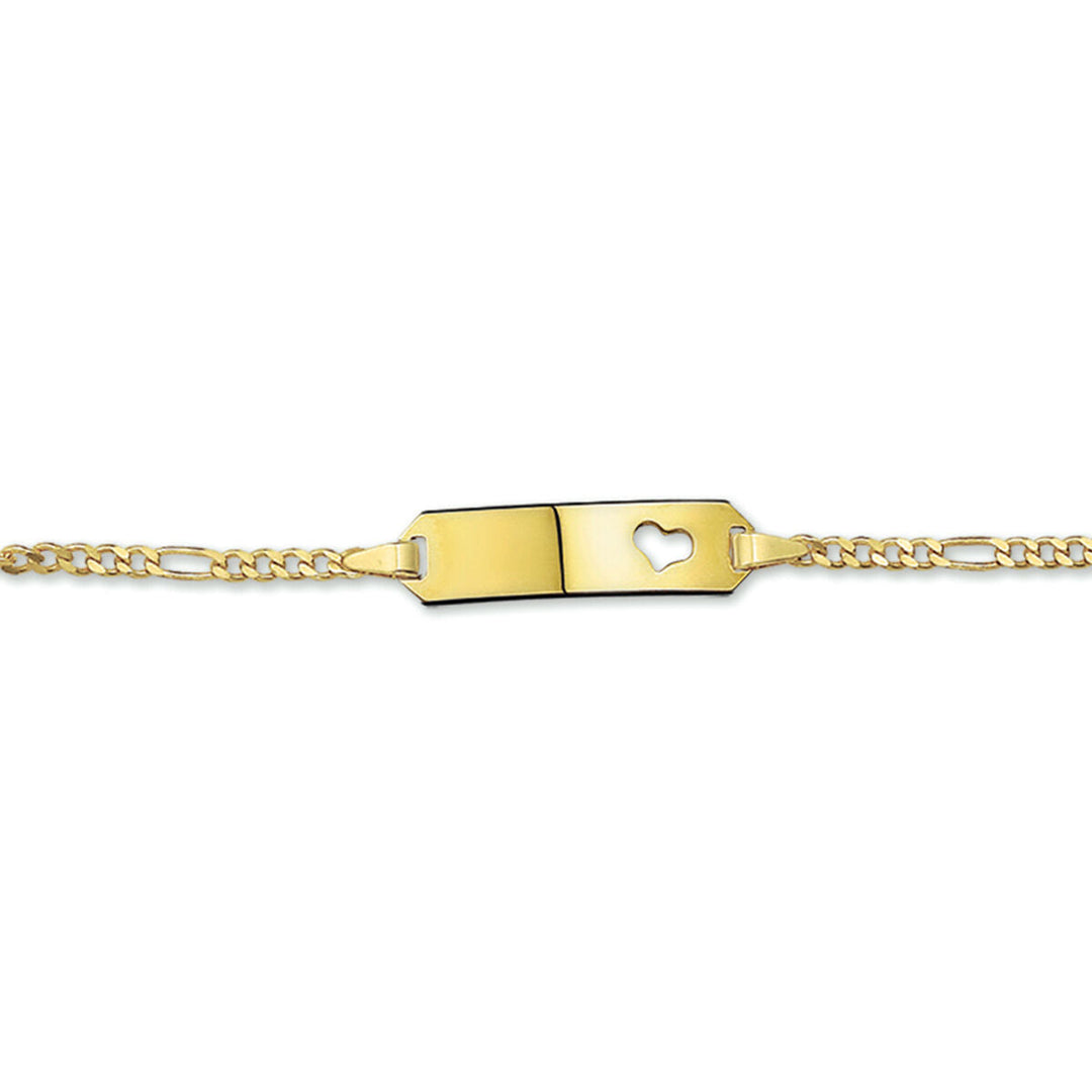 De Van der Kooij Collectie graveerarmband figaro hart plaat (5 mm, 9-11 cm) van 14K geelgoud is ideaal voor kinderen, met een rechthoekig plaatje en hartuitsparing. Platte schakels zorgen voor een strak gepolijst uiterlijk.