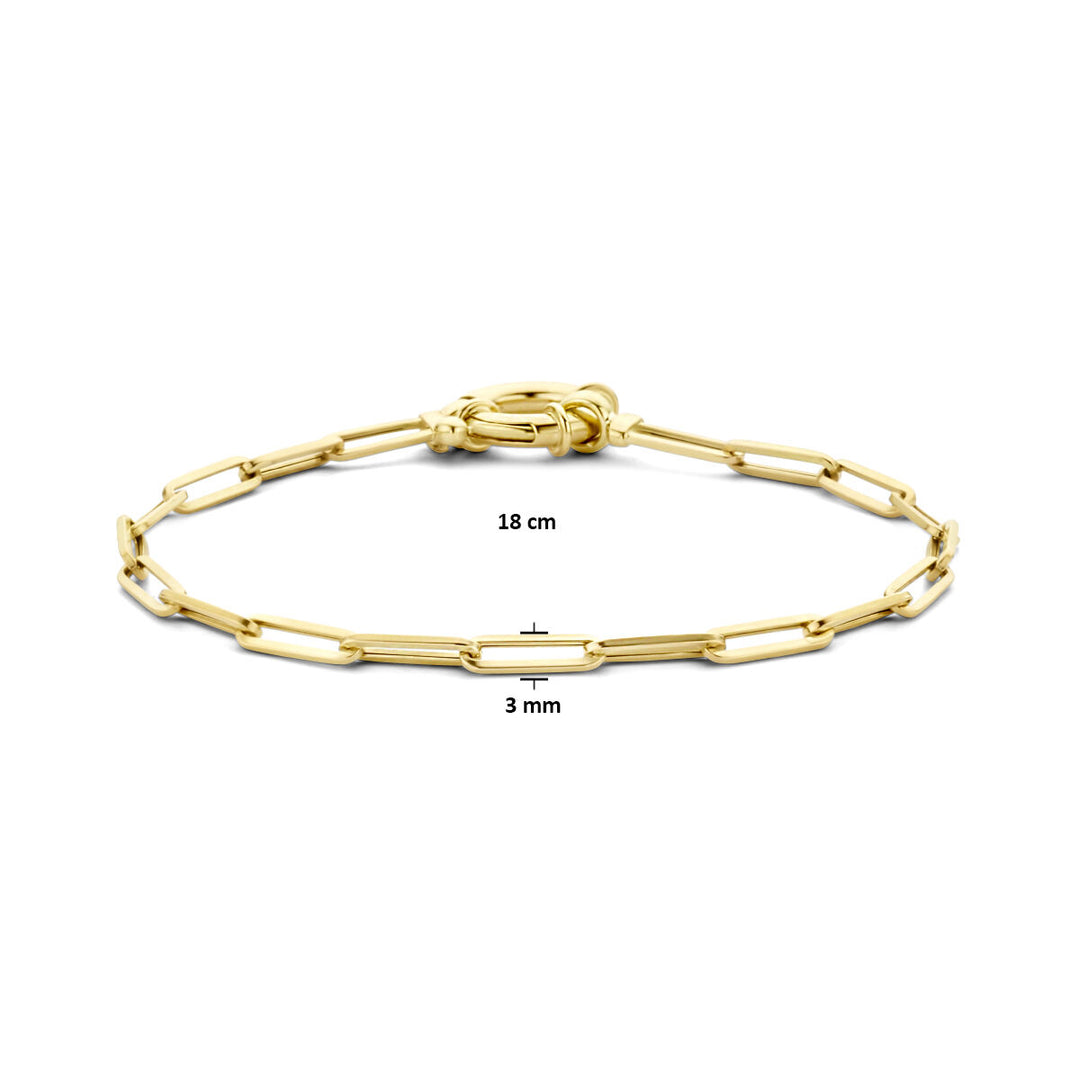 De Van der Kooij Collectie armband paperclip vierkante buis 3,0 mm 18 cm met groot veerslot is een 14K geelgouden damesarmband met vierkante buis schakels, geïnspireerd op de paperclip stijl en afgebeeld op een witte achtergrond.