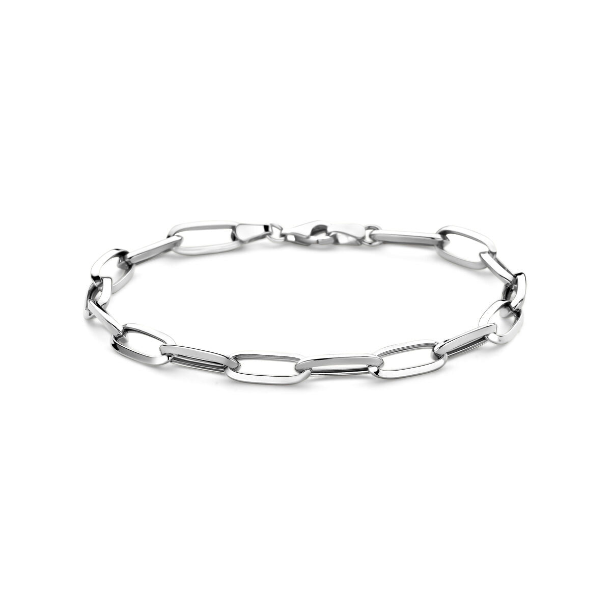 Bransoletka z zamkniętymi ogniwami o szerokości 5,8 mm i długości 19 cm, wykonana z 14K białego złota.