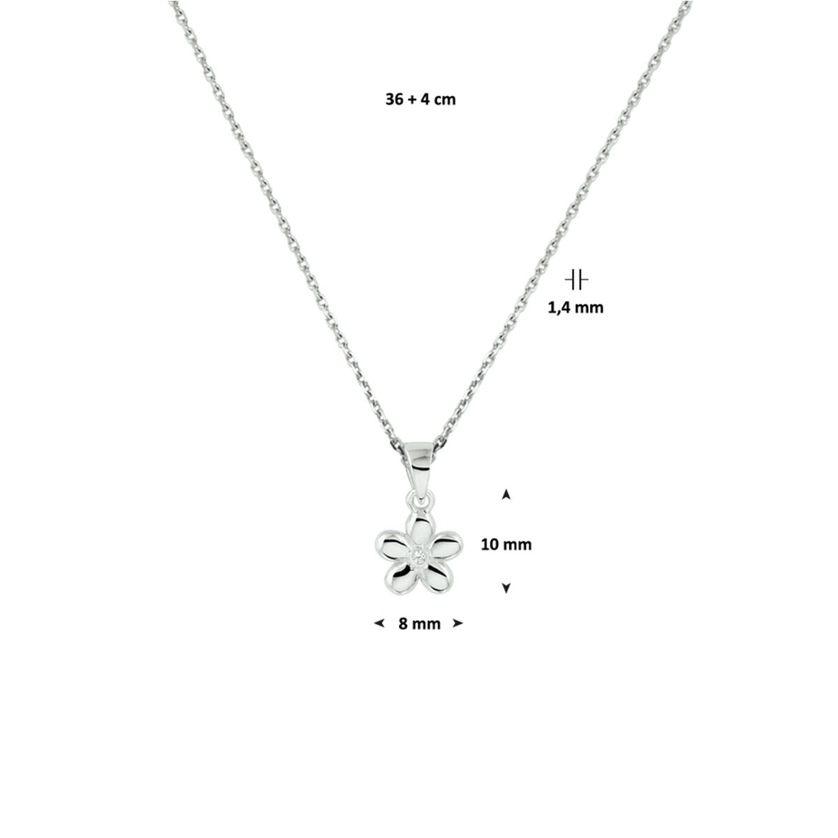 De Van der Kooij Collectie collier bloem is een gerhodineerd zilveren collier met een fijne 1,1 mm ketting (36 + 4 cm) en een kleine bloemenhanger bezet met fonkelende zirkonia, perfect voor kinderen.