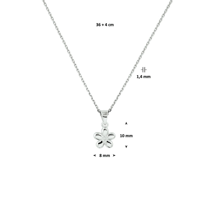 De Van der Kooij Collectie collier bloem is een gerhodineerd zilveren collier met een fijne 1,1 mm ketting (36 + 4 cm) en een kleine bloemenhanger bezet met fonkelende zirkonia, perfect voor kinderen.