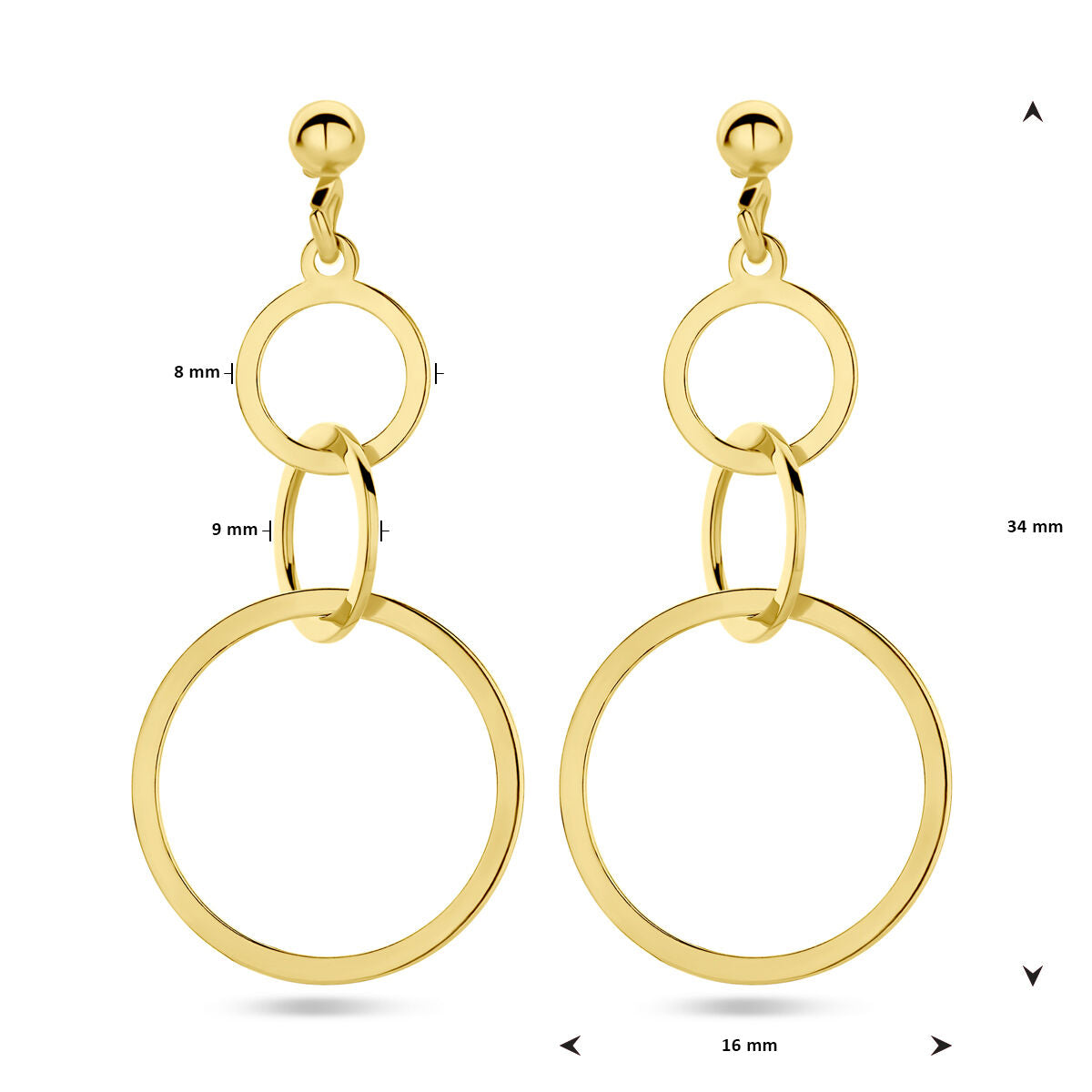 De Van der Kooij Collectie oorhangers cirkels 1 micron zilver verguld (geel) zijn voorzien van drie geschakelde open cirkels in verschillende maten van 34 mm lang voor een chique, modern accent bij elke outfit.