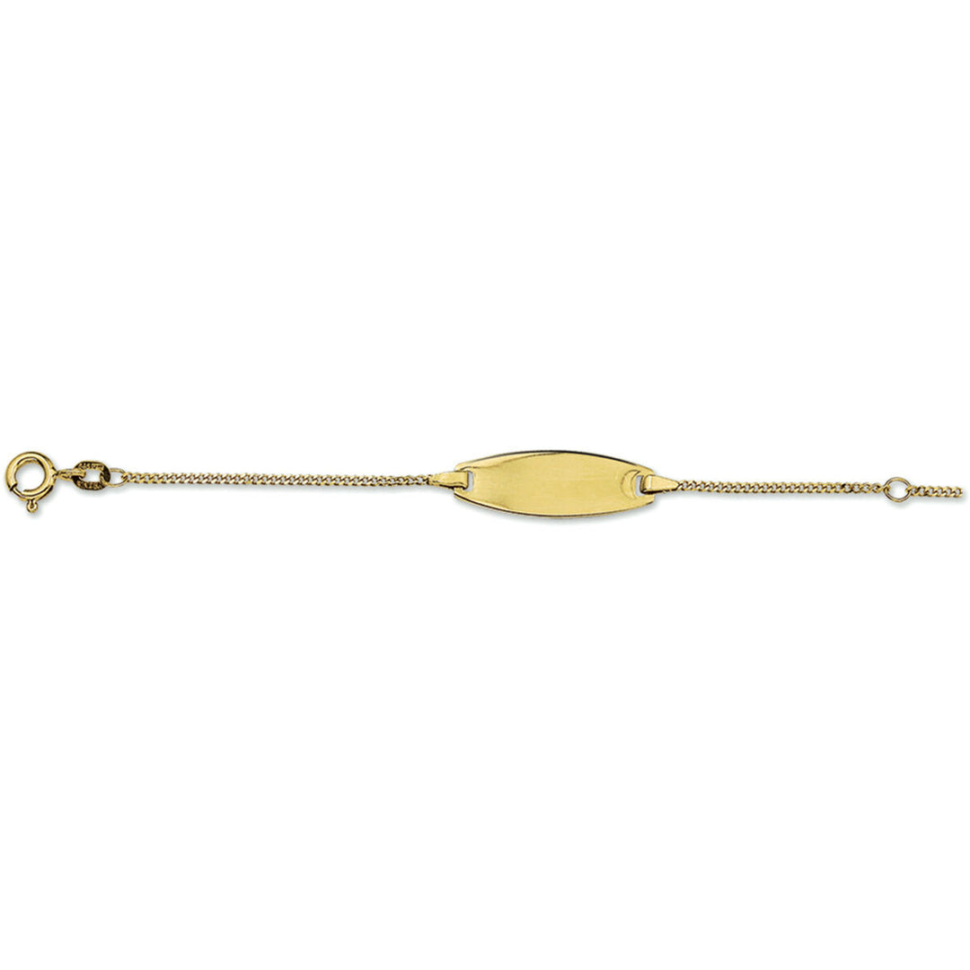 De Van der Kooij Collectie biedt een 14K geelgouden graveerarmband met een gourmette ketting, voorzien van een slank en delicaat 7,5 mm glad ovaal naamplaatje dat het licht prachtig weerkaatst, inclusief een sluiting.