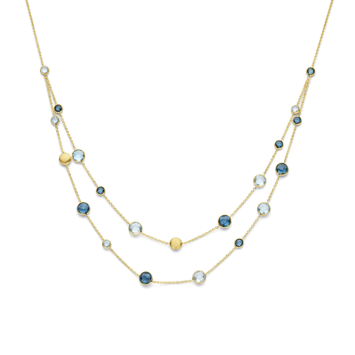Naszyjnik z okrągłymi kamieniami, niebieski topaz i london blue topaz, 45 cm, 14K złoto.