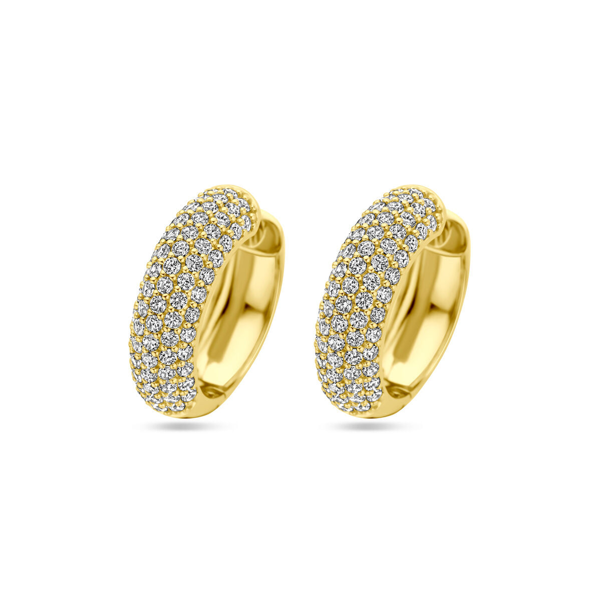 Een paar Van der Kooij Collectie klapoorringen zirkonia 21 mm 1 micron zilver verguld (geel), versierd met fonkelende rijen zirkonia op de voorkant, tegen een effen witte achtergrond.