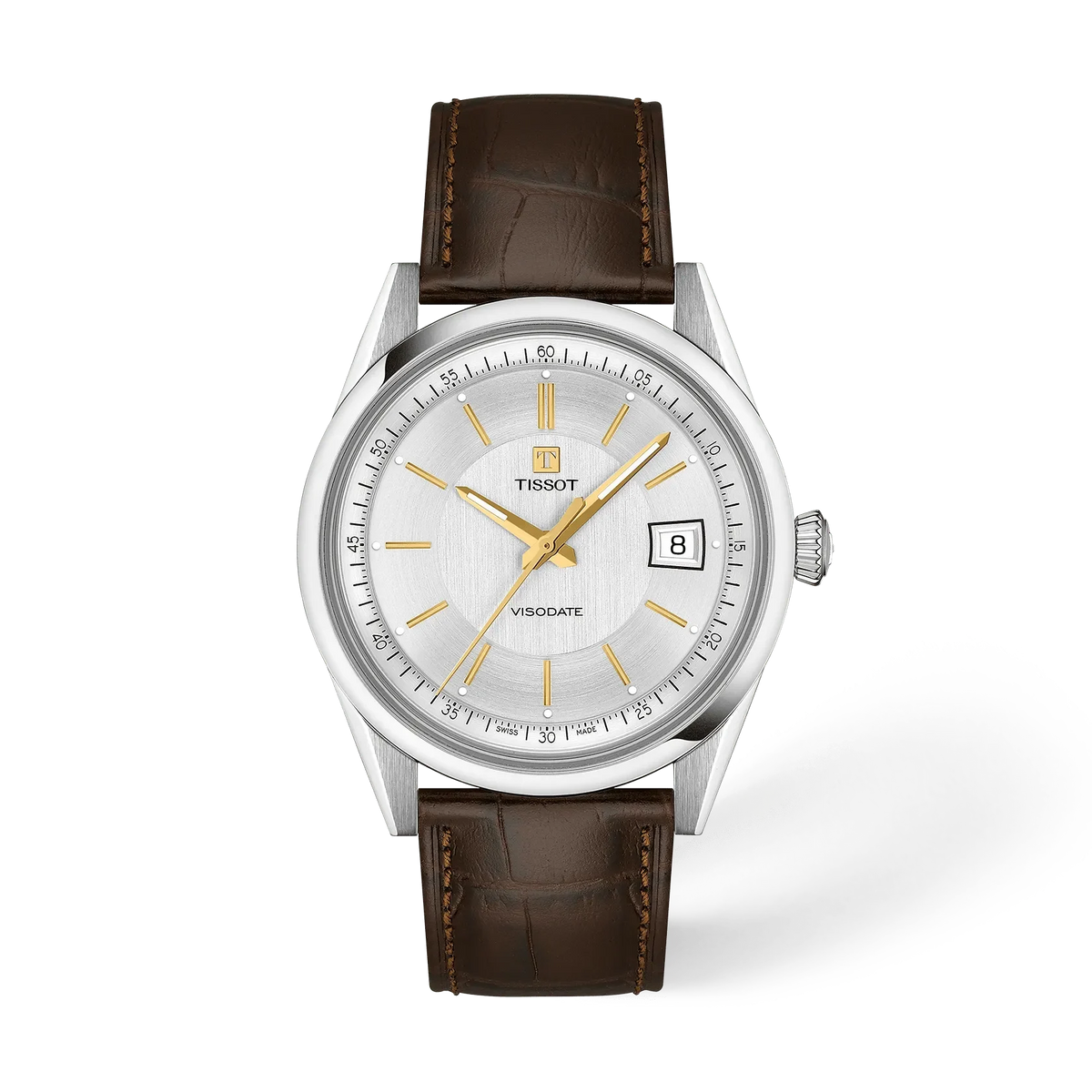 Zegarek Tissot Visodate 39mm z jasną tarczą, stalową kopertą i brązowym skórzanym paskiem.