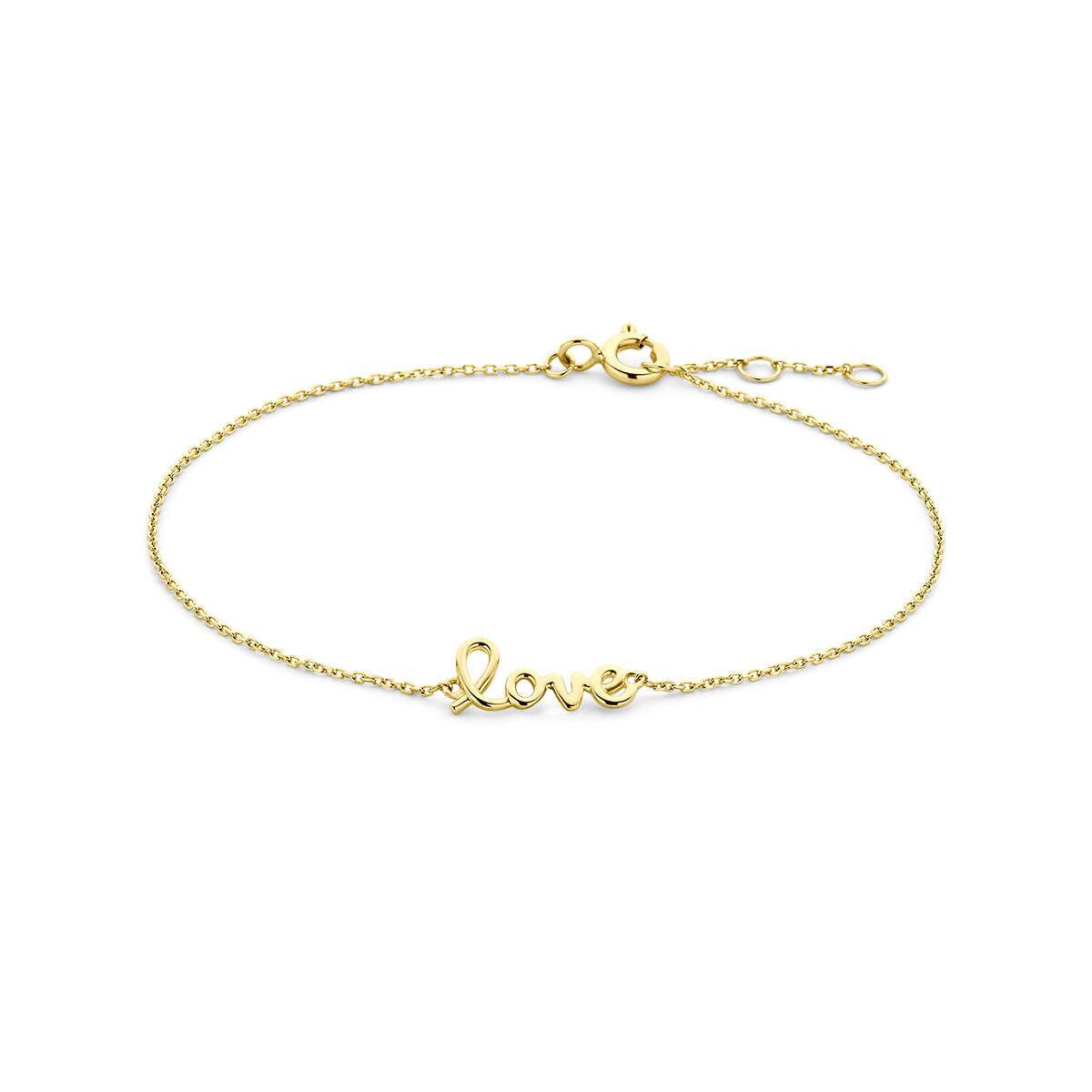 bransoletka z napisem "love" w 14K żółtym złocie, o długości 16,5 – 17,5 – 18,5 cm