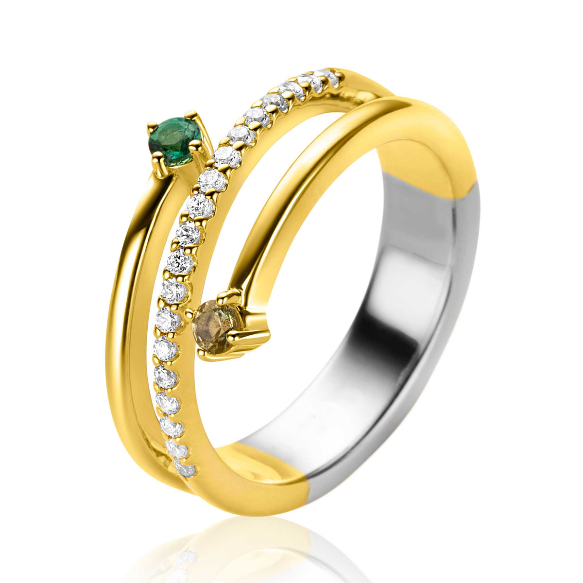 Srebrny pierścionek z złotymi detalami, ozdobiony zielonym i przezroczystymi kamieniami.