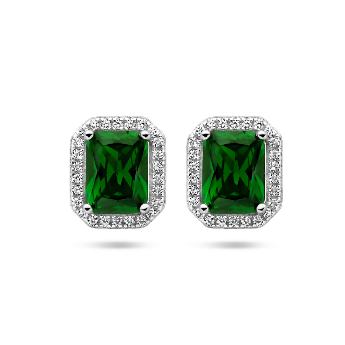 Oorknoppen van gerhodineerd zilver met groene en witte zirkonia in halo-vorm.