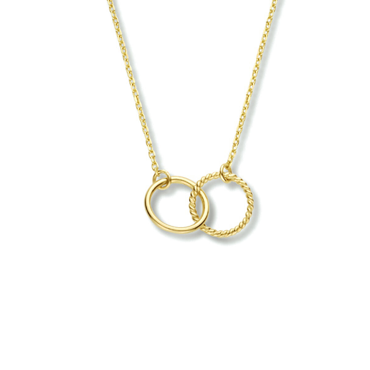 Collier van 14K geelgoud met twee ringen, één glad en één gedraaid, in lengtes van 40, 42 en 44 cm.