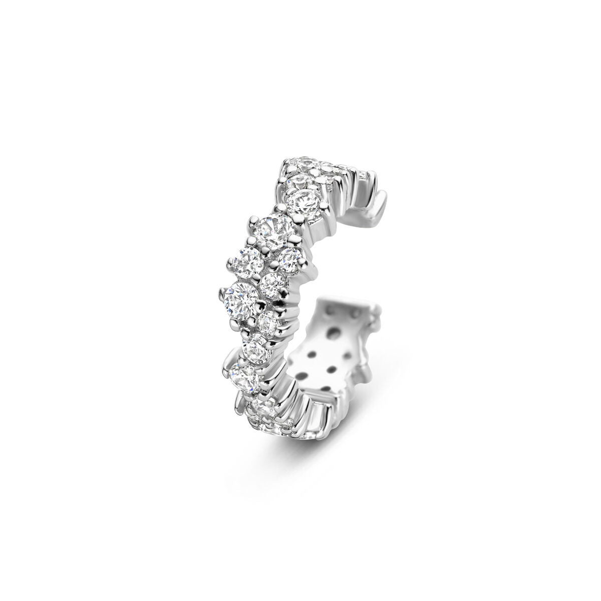 Srebrny ear cuff z cyrkoniami, gerhodynowany, o falistym kształcie z otworami.