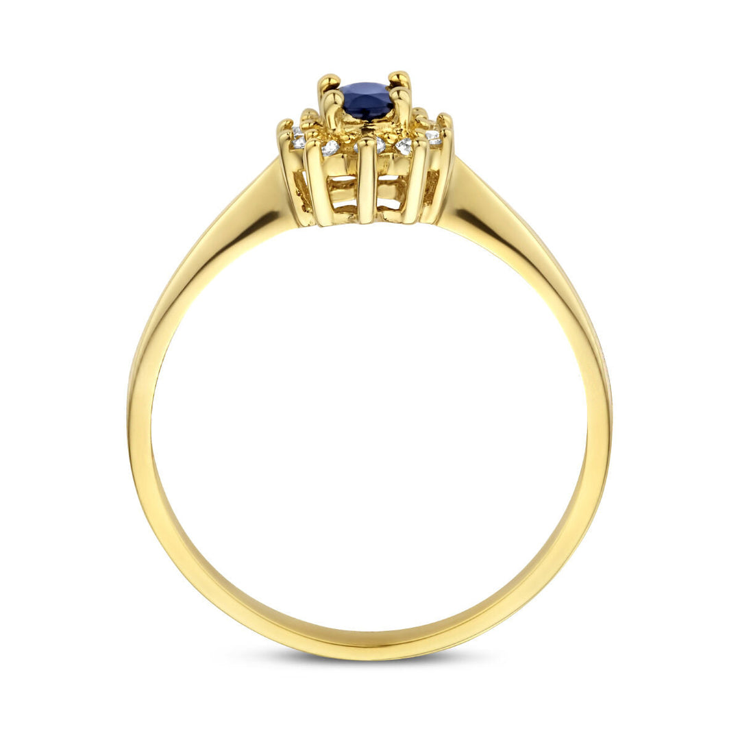 Van der Kooij Collectie ring saffier en diamant 0.08ct h p1 halo in 14K geelgoud, met een centrale ronde saffier omringd door diamanten, zijkant getoond voor het verhoogde ontwerp en sierlijke zetpootjes.