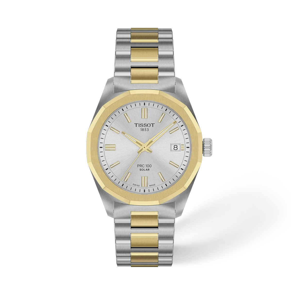 Zegarek Tissot PRC 100 Solar o średnicy 34 mm, ze srebrną tarczą i złotą kopertą.