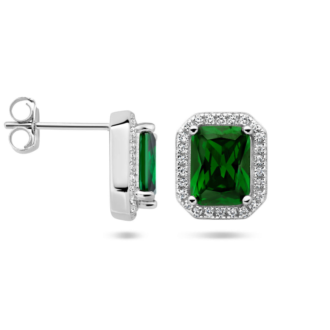 oorknoppen groen en wit zirkonia halo zilver gerhodineerd