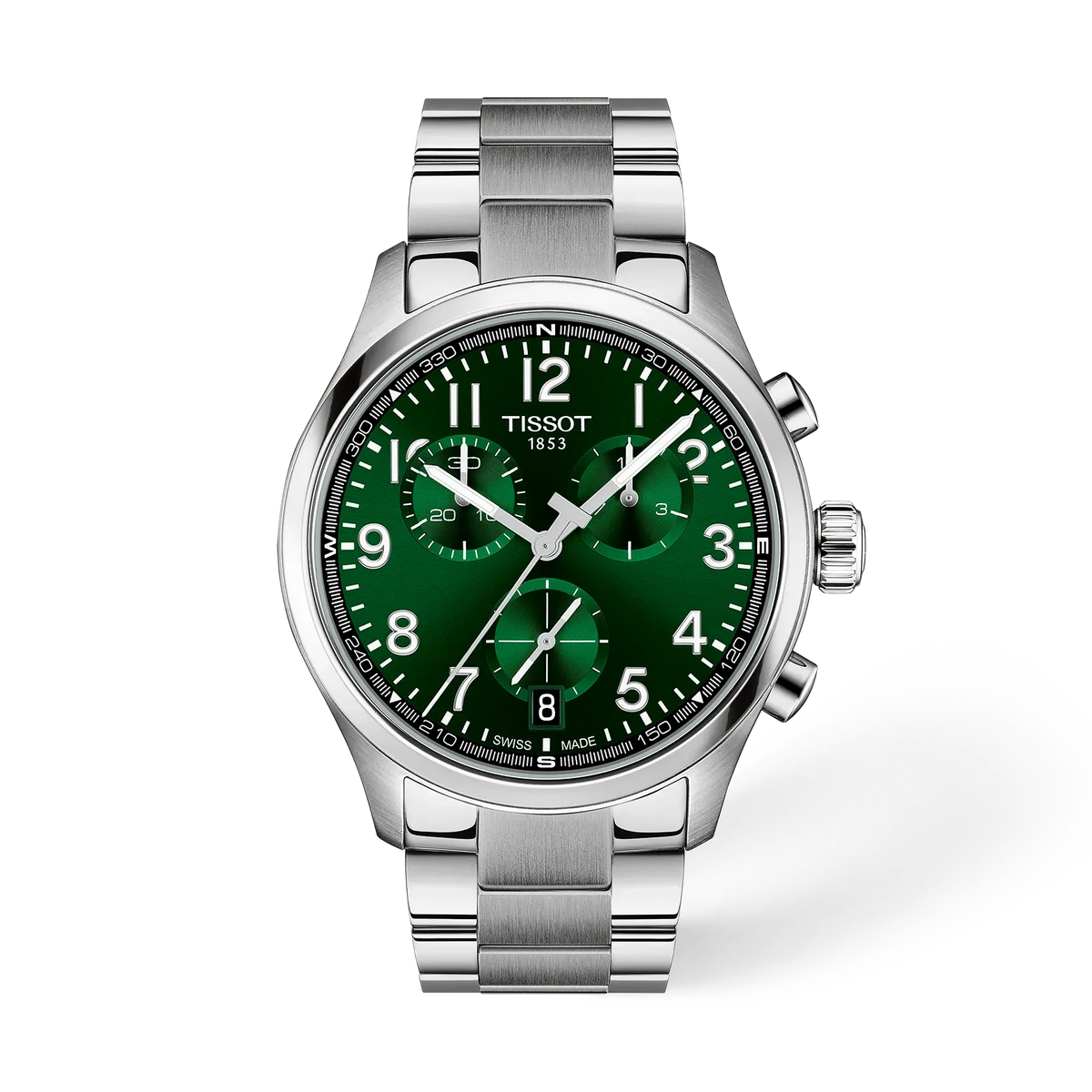 Zegarek Tissot z zieloną tarczą, stalowa koperta, bransoleta ze stali, funkcje chronografu.