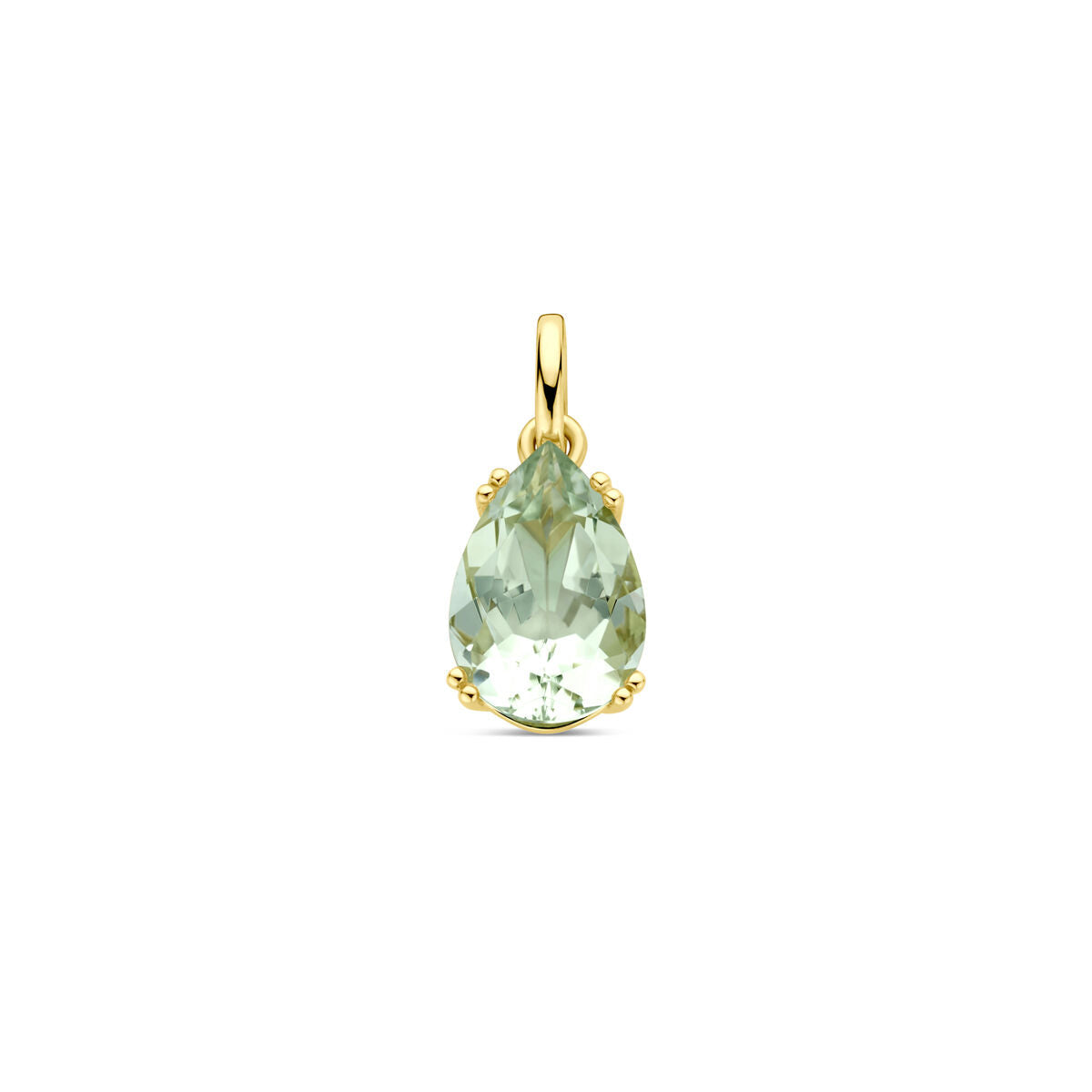 Groene amethist hanger in peervorm van 18 mm, gezet in 14K geelgoud.